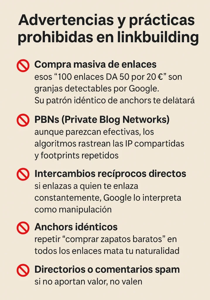 Advertencias y prácticas que se estiman prohibidas en la creación de enlaces